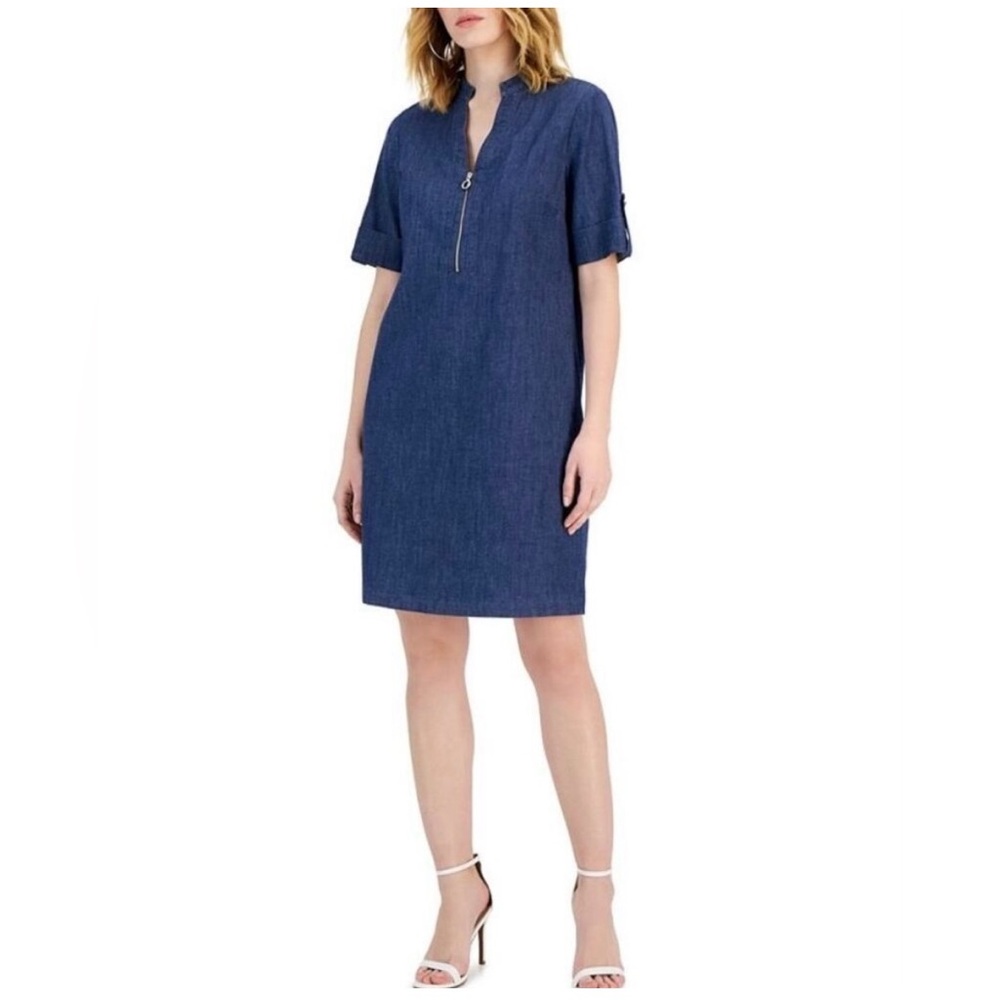 NWOT Anne Klein Denim Shift Pop-Over Dress with Zipper